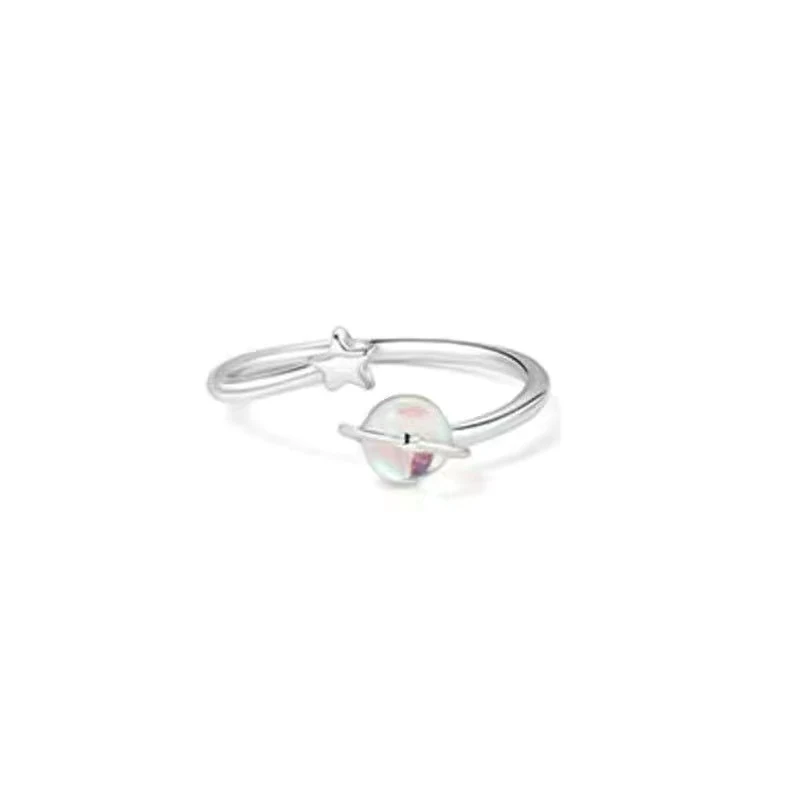 Anillo de dedo índice con diseño único de planeta con piedra lunar para mujer, apertura ajustable, moda boudoir estrella.