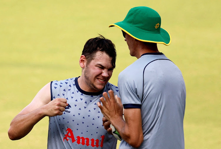 The Proteas' Gerald Coetzee and Marco Jansen during a practise session at Ekana Cricket Stadium in Lucknow, India, on October 10.