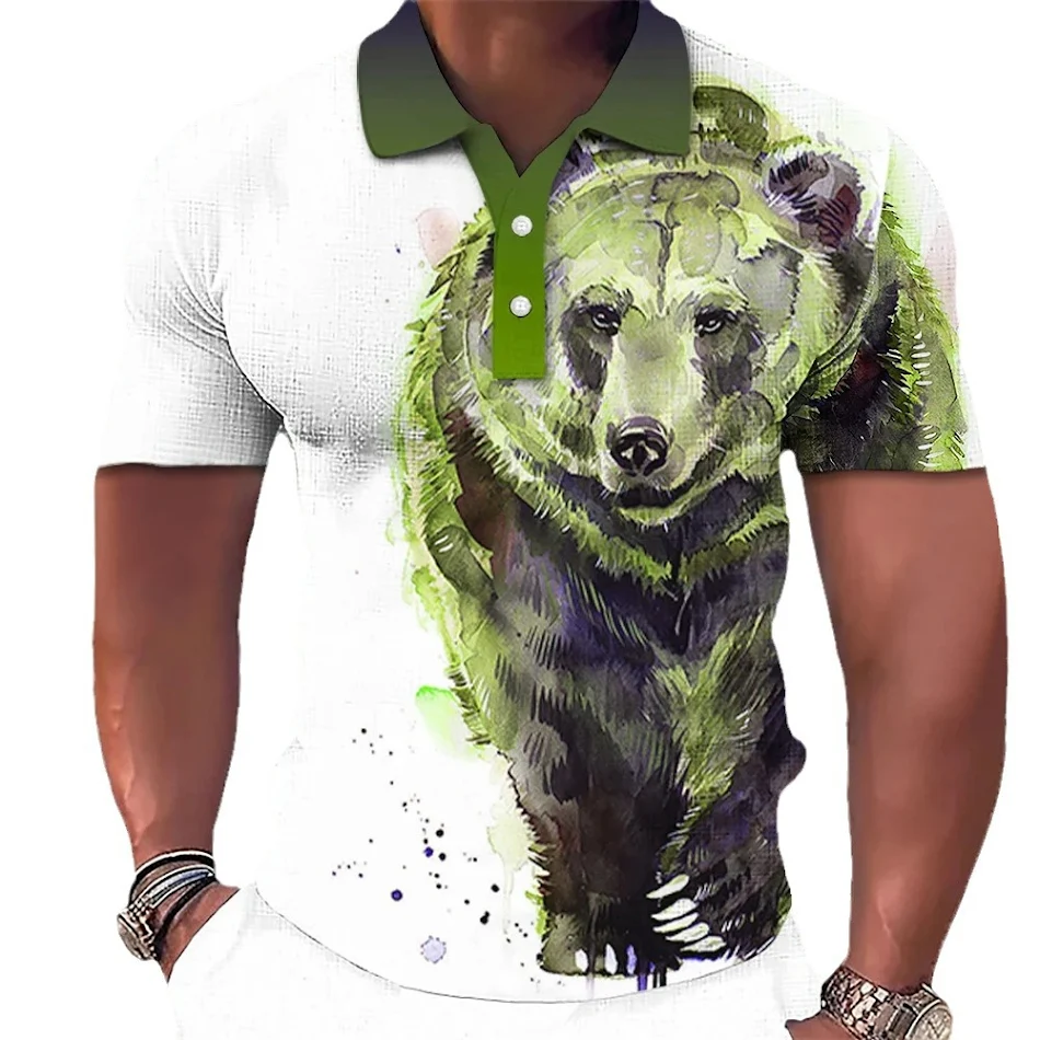 Camiseta Polo Masculina 3D Lobo Manga Curta Casual Hip-hop Respirável, Estilo Streetwear, Confortável e Moderno.