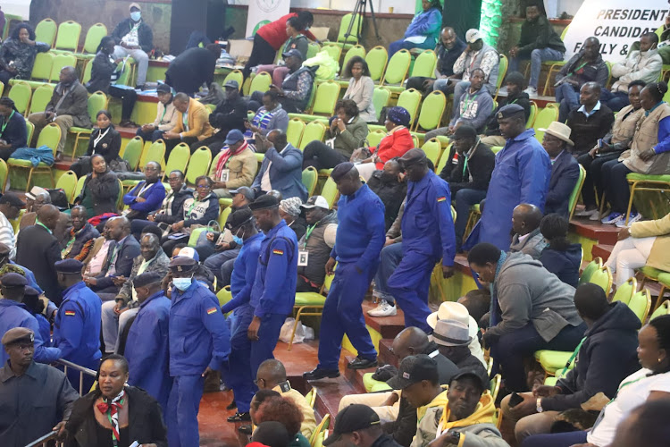 More police officers added to the auditorium after IEBC commissioner Abdi Guliye ordered non-essential people out of the national tallying centre, Bomas of Kenya on August 13