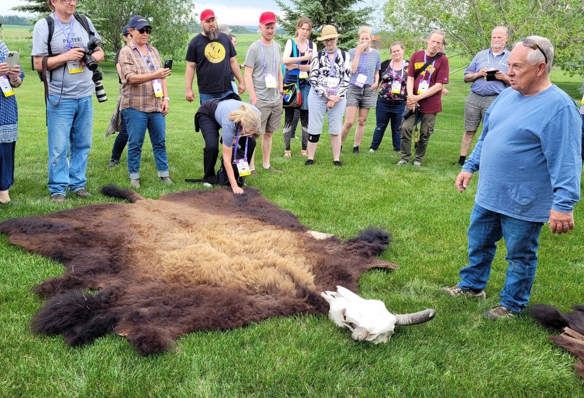 A group of people standing around a animal

Description automatically generated