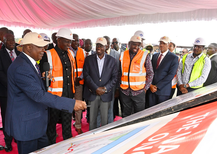 President William Ruto, Deptuty President Rigathi Gachagua, Transport CS Kipchumba Murkomen and other leaders during launch of the construction works for the Riruta-Ngong Commuter Rail line, Ngong, Kajiado County on December 15, 2023