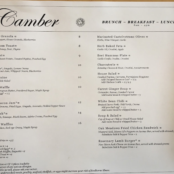 Camber menu: Brunch, Breakfast, Lunch