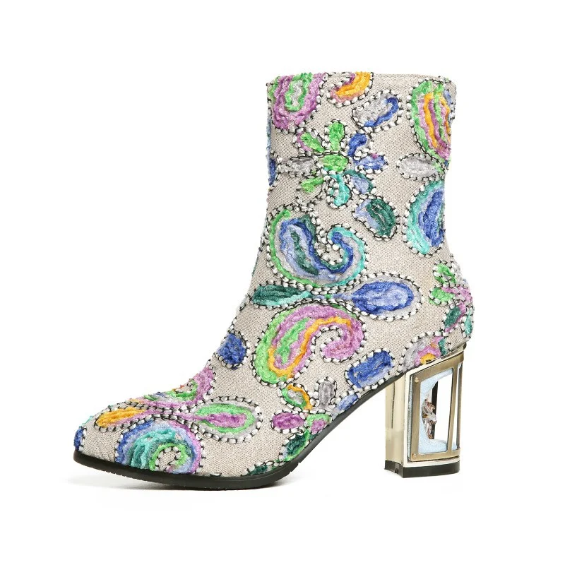 Women's Pattern Pointed Toe Metal High Heel Leather Boots, crafted for style and comfort, perfect for adding flair to an