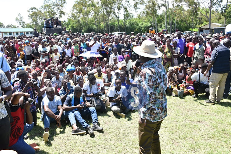 Raila Odinga addressing flood victims at Migingo evacuation center in Nyando on May 11, 2023.