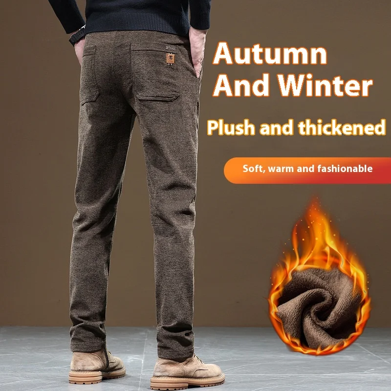 Muške Slim Fit Ravne Poslovne Jesen Zima Pantalone Obložene Flisom Debljine Casual, Udobne i Moderne