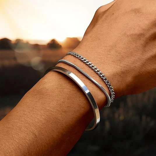 Conjunto de pulseiras empilháveis de aço inoxidável 3 peças, bracelete em camadas, corrente de caixa, elos cubanos e snake
