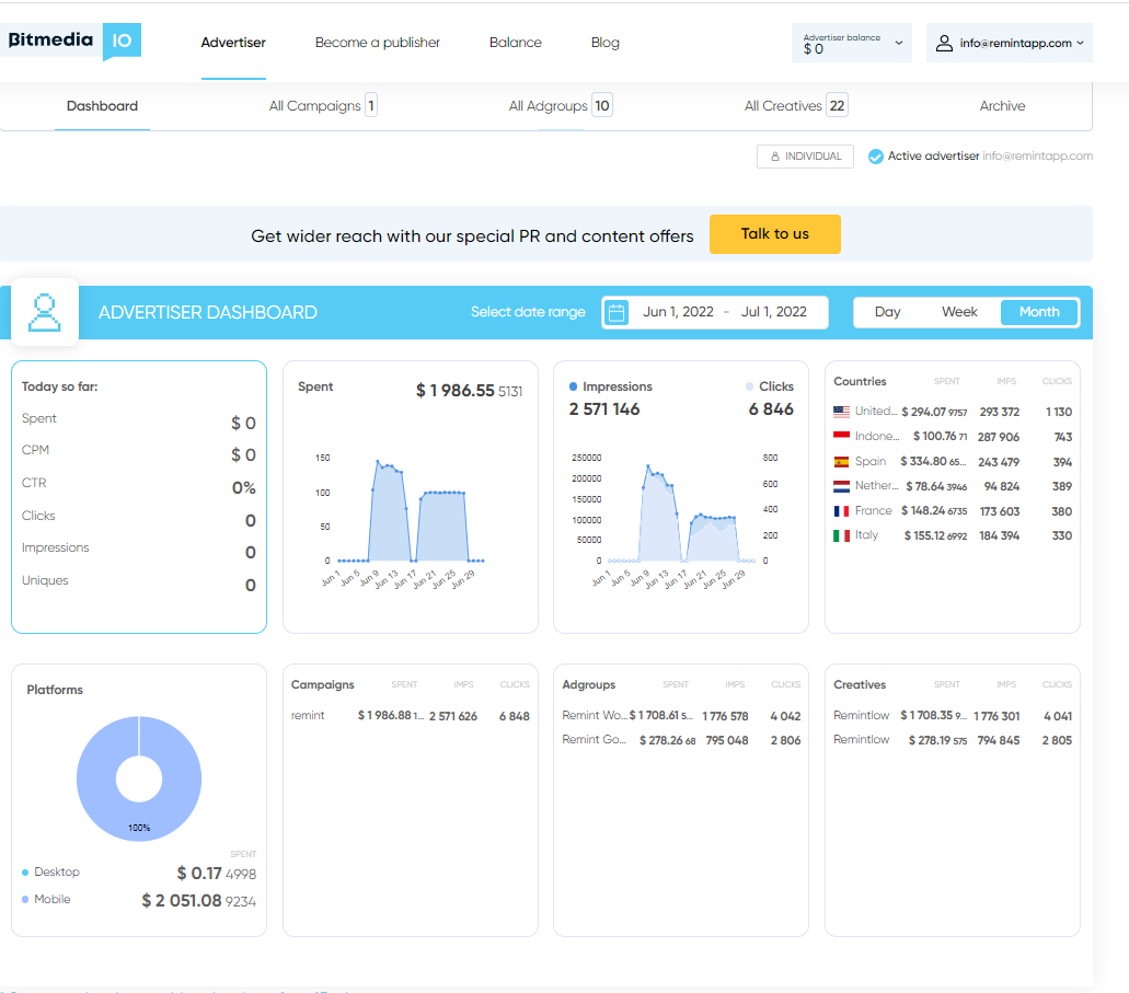 Dashboard screen with results (01/06 - 01/07)