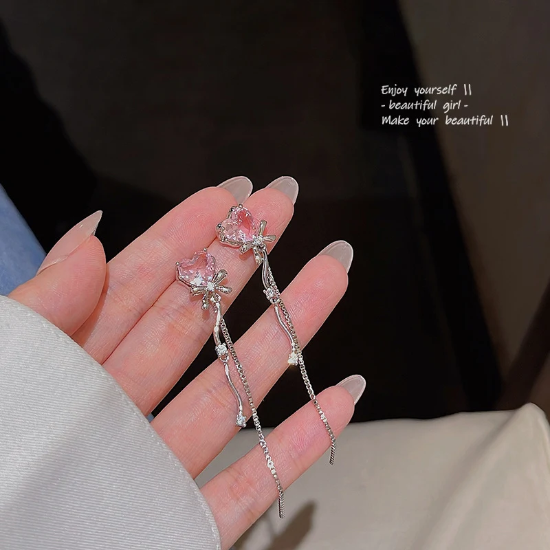 Sterling zilveren lange oorbellen met zirkonia, hart, strik en kwastjes, schattig en charmant design voor dagelijks gebruik.