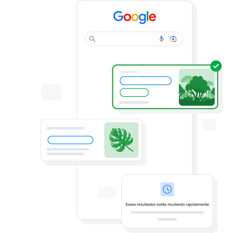 Uma Pesquisa Google com uma marca de verificação ao lado de uma imagem de floresta tropical, um rótulo de muitas citações e uma mensagem que diz "esses resultados estão mudando rapidamente"