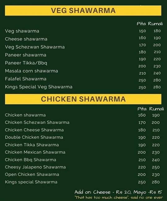 Kings Shawarma menu 