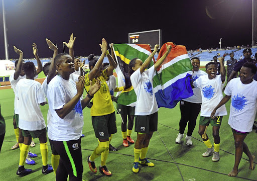 Banyana Banyana celebrate after beating Mali in the semifinal of the Africa Women's Cup of Nations in Ghana. They now face Nigeria in the final./ BackpagePix / Sydney Mahlangu