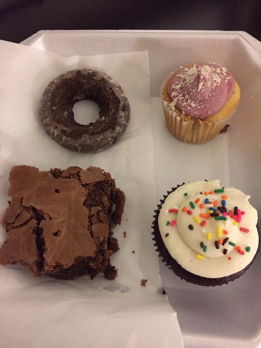 Two cupcakes, a brownie and a chocolate donut!!