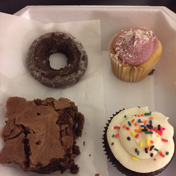 Two cupcakes, a brownie and a chocolate donut!!