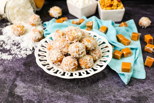 A plate of Caramel Coconut Marshmallows.