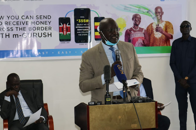 Mou Ambrose Thiik, chief of operations at m-GURUSH, speaks during the launch of its international remittance service on Monday in Juba, South Sudan.