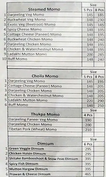 Momo King menu 