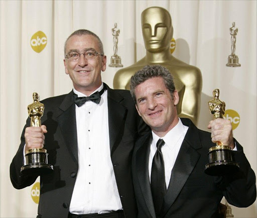 Mike Hopkins and Ethan Van Der Ryn pose with their Best Sound Editing Oscar for King Kong. File picture