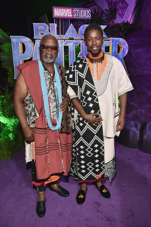 Actors John Kani (L) and Atandwa Kani wore MaXhosa by Laduma shawls to the world premiere of 'Black Panther'.