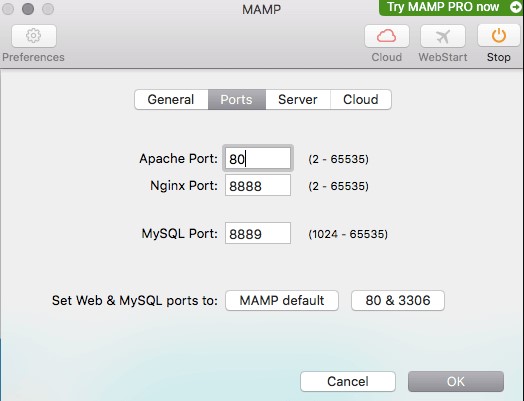 Configuração de portas no MAMP server