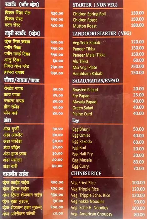 Hotel Aditya menu 