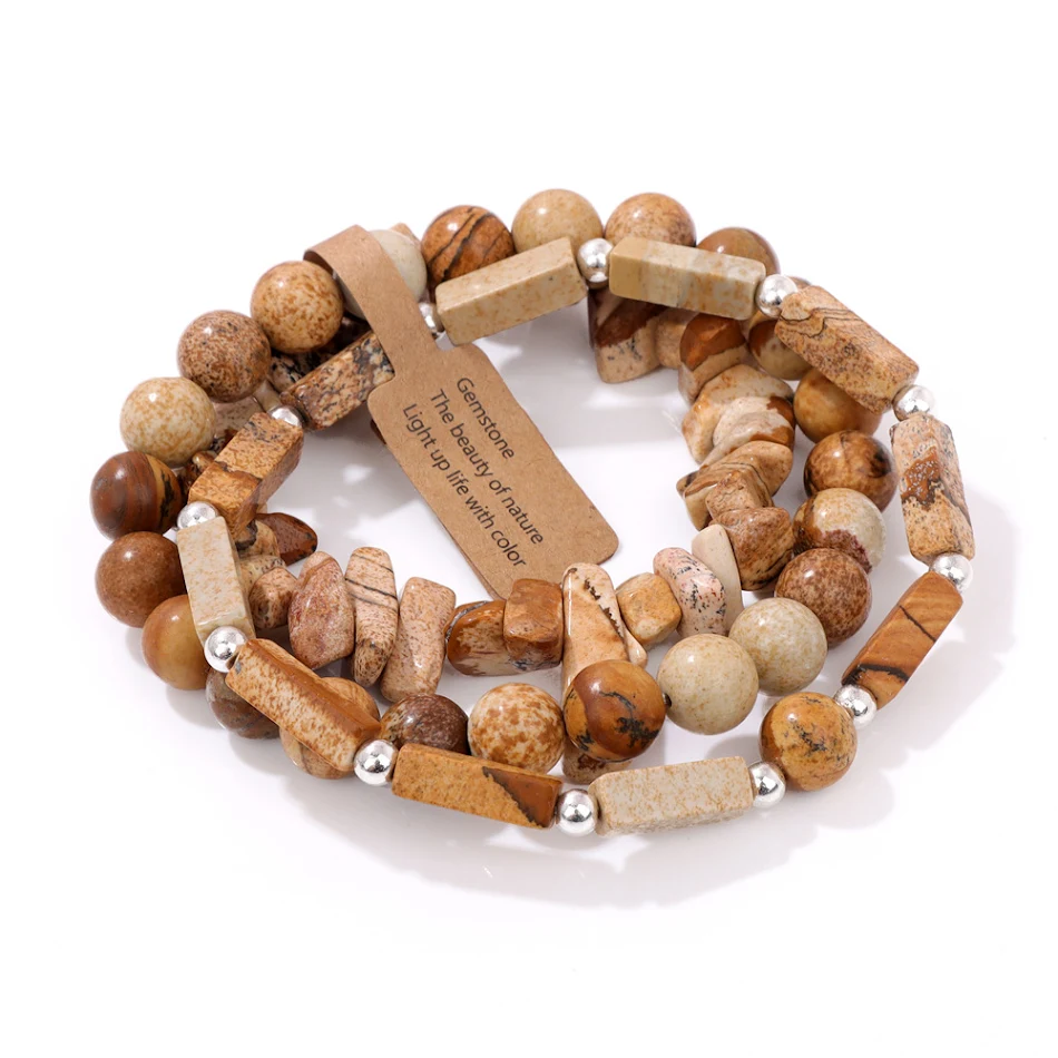 Bracelet homme trois pièces en pierres naturelles améthyste rectangulaire et étiquette, un accessoire masculin élégant.