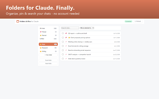 Folders & Pins for Claude — Chat Organizer screenshot 1