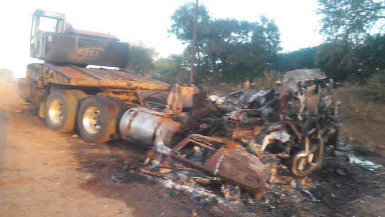 A truck burnt by protesters in Eswatini who are demanding democratic rule to replace the monarchy.