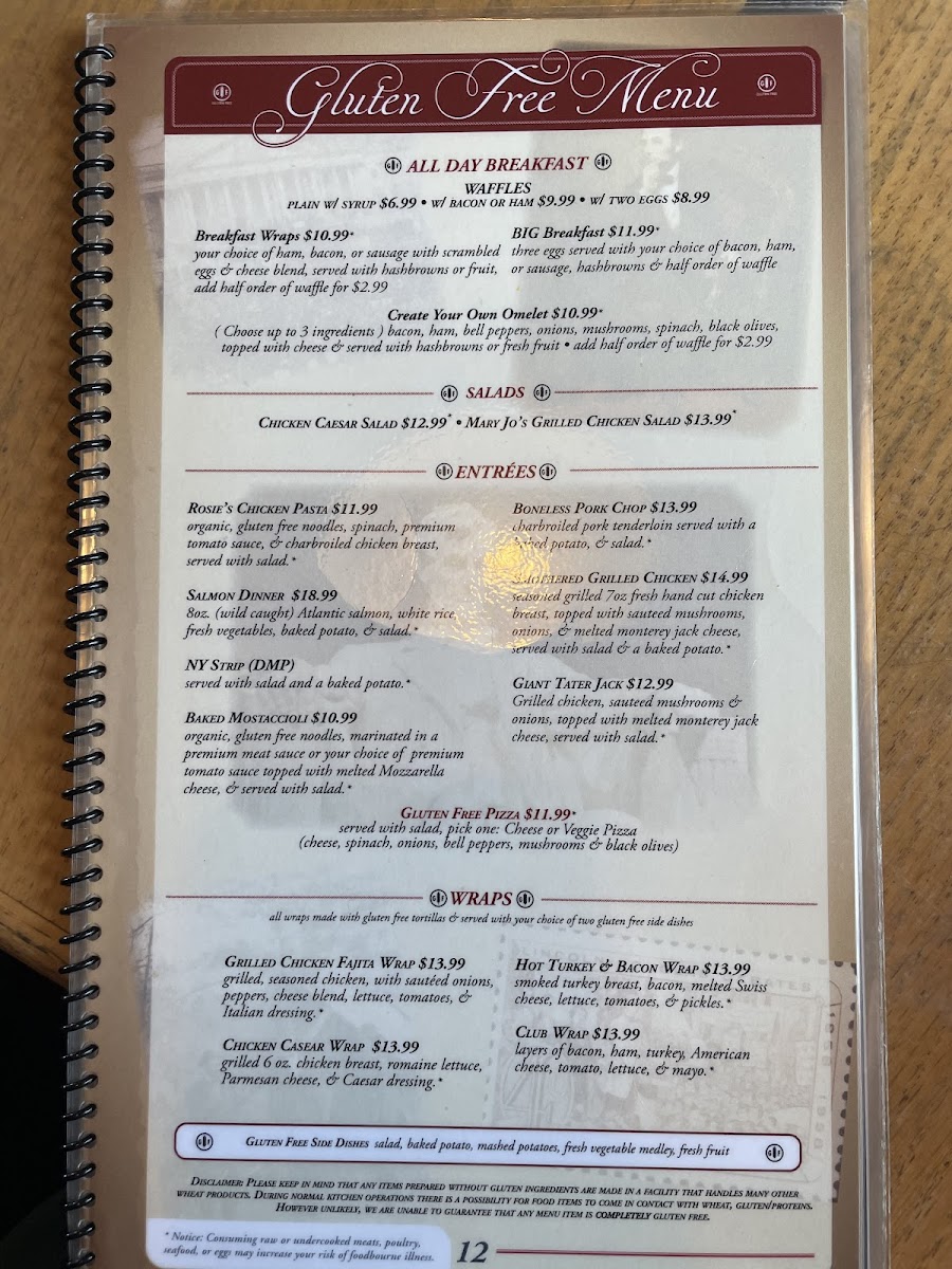 Sara's Family Restaurant gluten-free menu