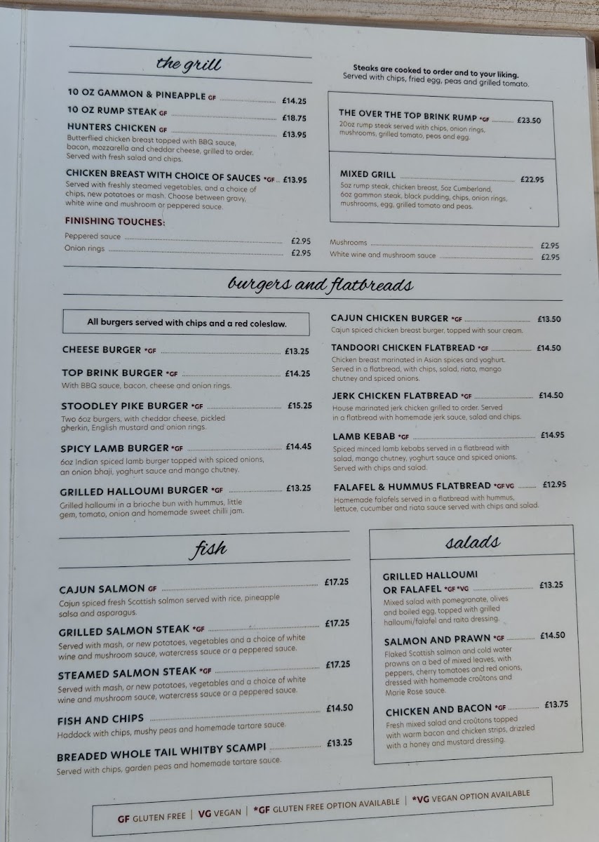 The Top Brink Inn gluten-free menu