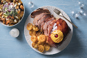 Gammon with apricot glaze served with grilled apricots.