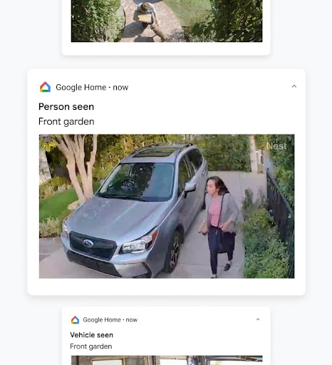 Nest Cam sends alerts via Google Home to show the user that a person has been seen in the front yard.