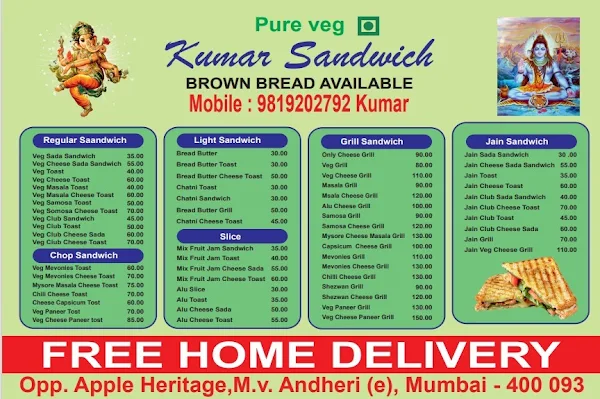 Kumar Sandwich menu 