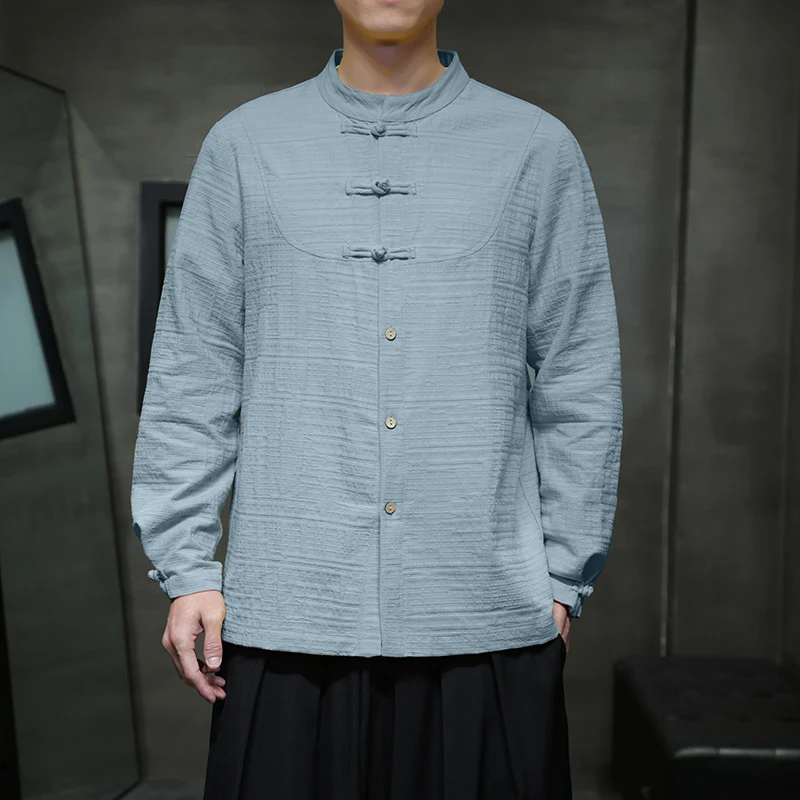 Chinese stijl heren shirt, katoen linnen, gesp, retro Chinese Tang kostuum shirt voor mannen, comfortabel en traditioneel.