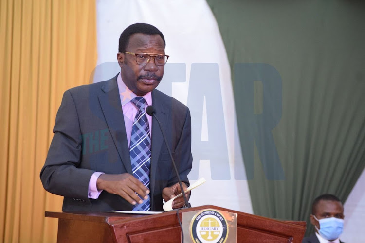 Kenya Judiciary Academy Director and Supreme Court Judge Smokin Wanjala speaks during the swearing in of 64 magistrates at Supreme Court on January 11, 2021.