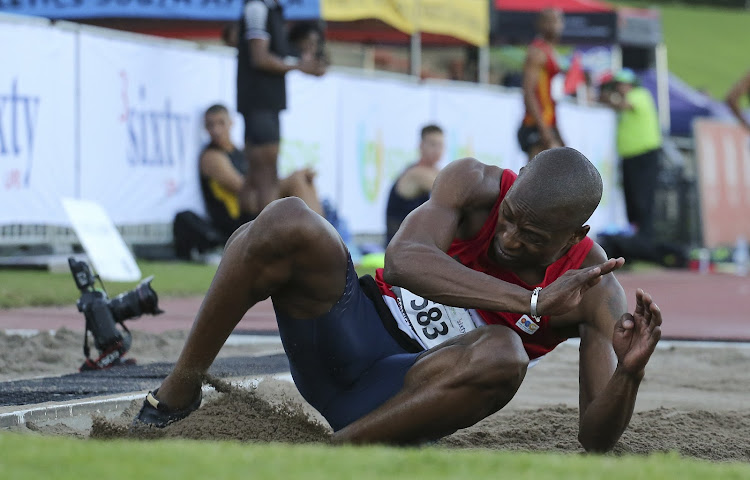 Luvo Manyonga takes part in the men's long jump during the SA championships in April 2019.