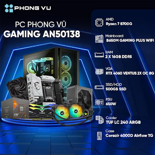 Máy tính để bàn/PC Phong Vũ Gaming AN50138(AMD Ryzen 7 8700G/2x16GB/500GB SSD/Nvidia GeForce RTX 4060/Free DOS)