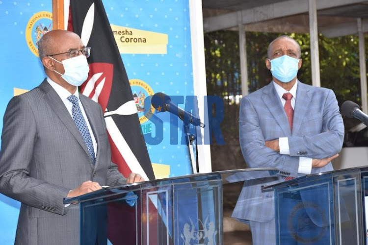 Health CAS Dr Rashid Aman and Ministry of Foreign Affairs PS Macharia Kamau addresses a press conference on the update of coronavirus at Afya House on May 12, 2020.