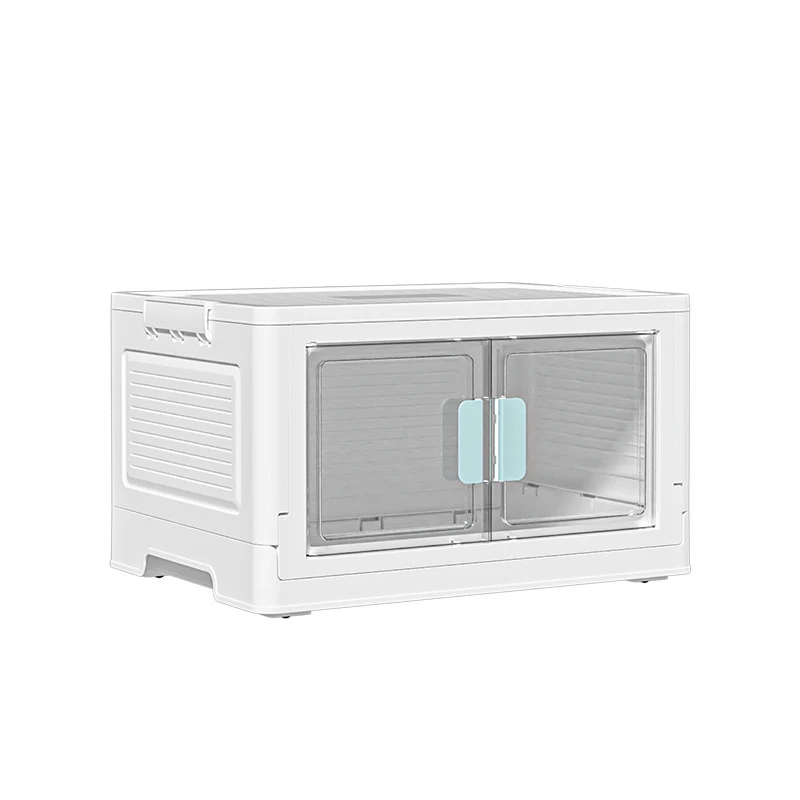 Opvouwbare opbergbox transparant met dubbele deuren en wielen. Handige opbergoplossing voor thuis. Ruimtebesparend en verplaatsbaar.