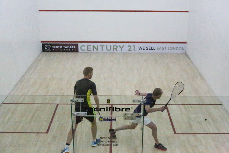 Border A’s Jimmy van Niekerk returns the ball from Jonathan Just (SA Country Districts) during the Growthpoint Interprovincial squash tournament at Beacon Bay Country Club, East London on Monday