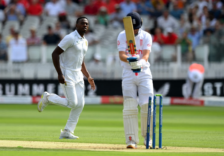 Kagiso Rabada of South Africa bowls Ollie Pope of England during day two of the First LV= Insurance Test Match between England and South Africa at Lord's Cricket Ground on August 18 2022. Picture: Shaun Botterill/Getty Images