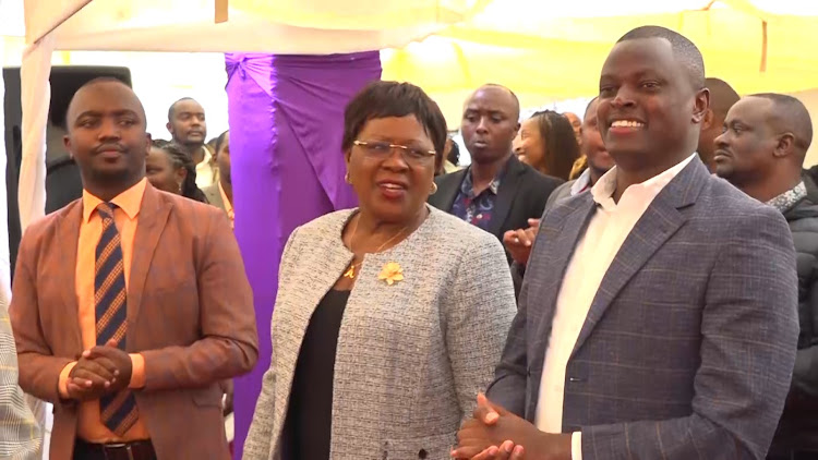 East African Legislative Assembly MP Maina Karobia, Water Cabinet Secretary Alice Wahome and Kiharu MP Ndindi Nyoro at Breakthrough Outreach church in Murang'a town on July 2,2023.