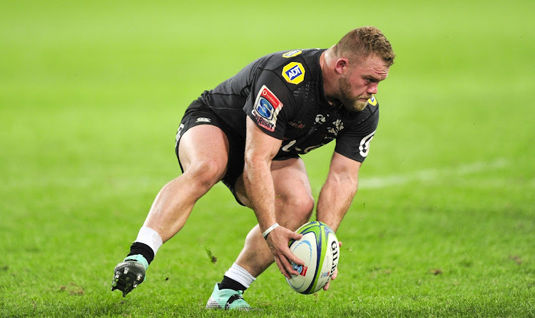 Akker van der Merwe of the Cell C Sharks gathers the ball during a Super Rugby game against the Lions at Kings Park, Durban on June 30 2018.