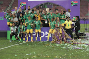 South Africa players celebrate victory during the 2022 Women's Africa Cup of Nations final match between Morocco and South Africa at Prince Moulay Abdellah Stadium on July 23, 2022 in Rabat, Morocco. 