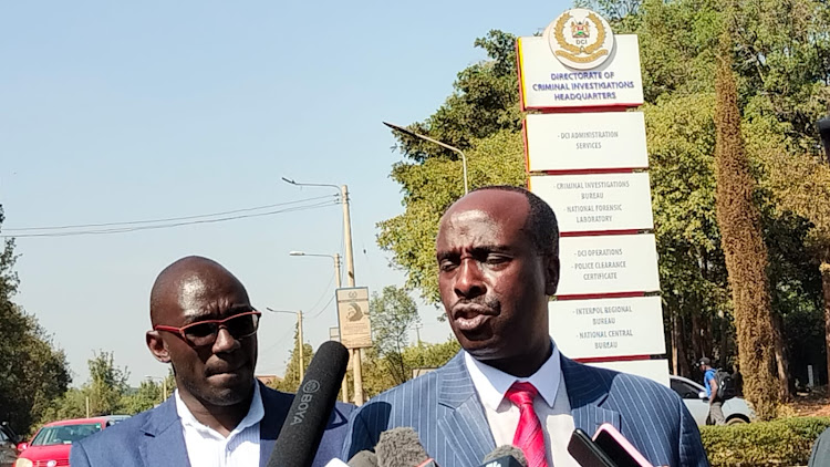 Lawyer Danstan Omari speaks to the media outside DCI headquarters on Kiambu road, February 21, 2023.