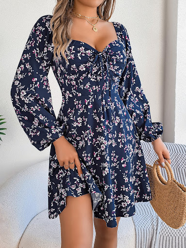 Title 12, Fashion Floral Print Lantern Sleeve Dress Casua...