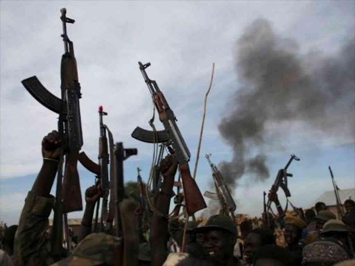 Rebel fighters hold up their rifles as they walk in front of a bushfire in a rebel-controlled territory in Upper Nile State, South Sudan February 13, 2014. /REUTERS