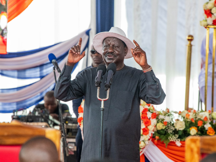 Azimio leader Raila Odinga speaks during the burial of former Bumula MP Lawrence Sifuna at his Siritanyi home in Bungoma County on December 16, 2023.