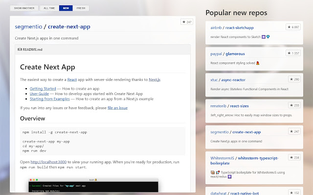 React Repositories New Tab screenshot