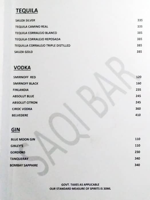 Saqi Bar menu 